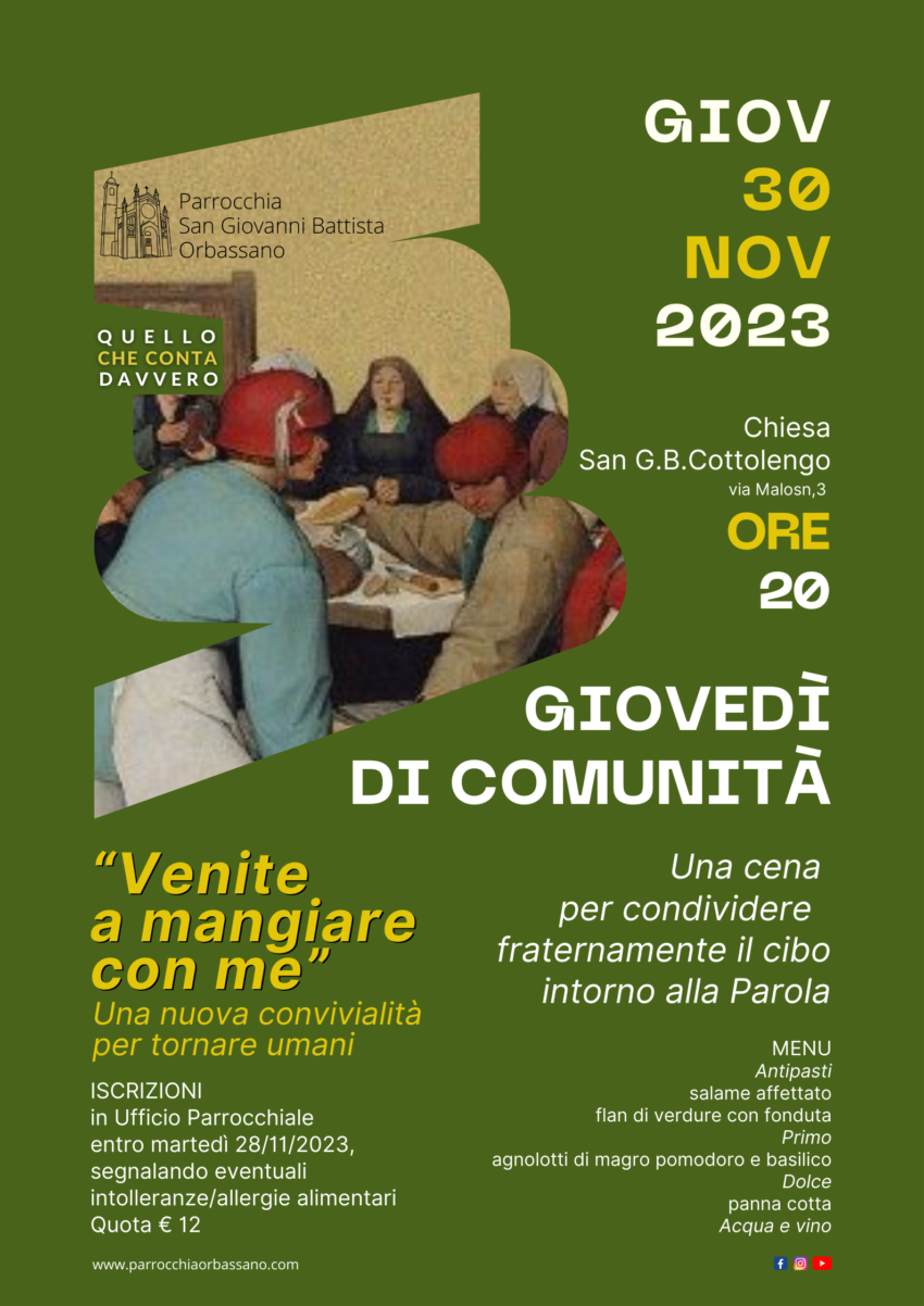 Giovedì di Comunità Vieni a mangiare con me 30 novembre 2023 Parrocchia San Giovanni Battista Orbassano