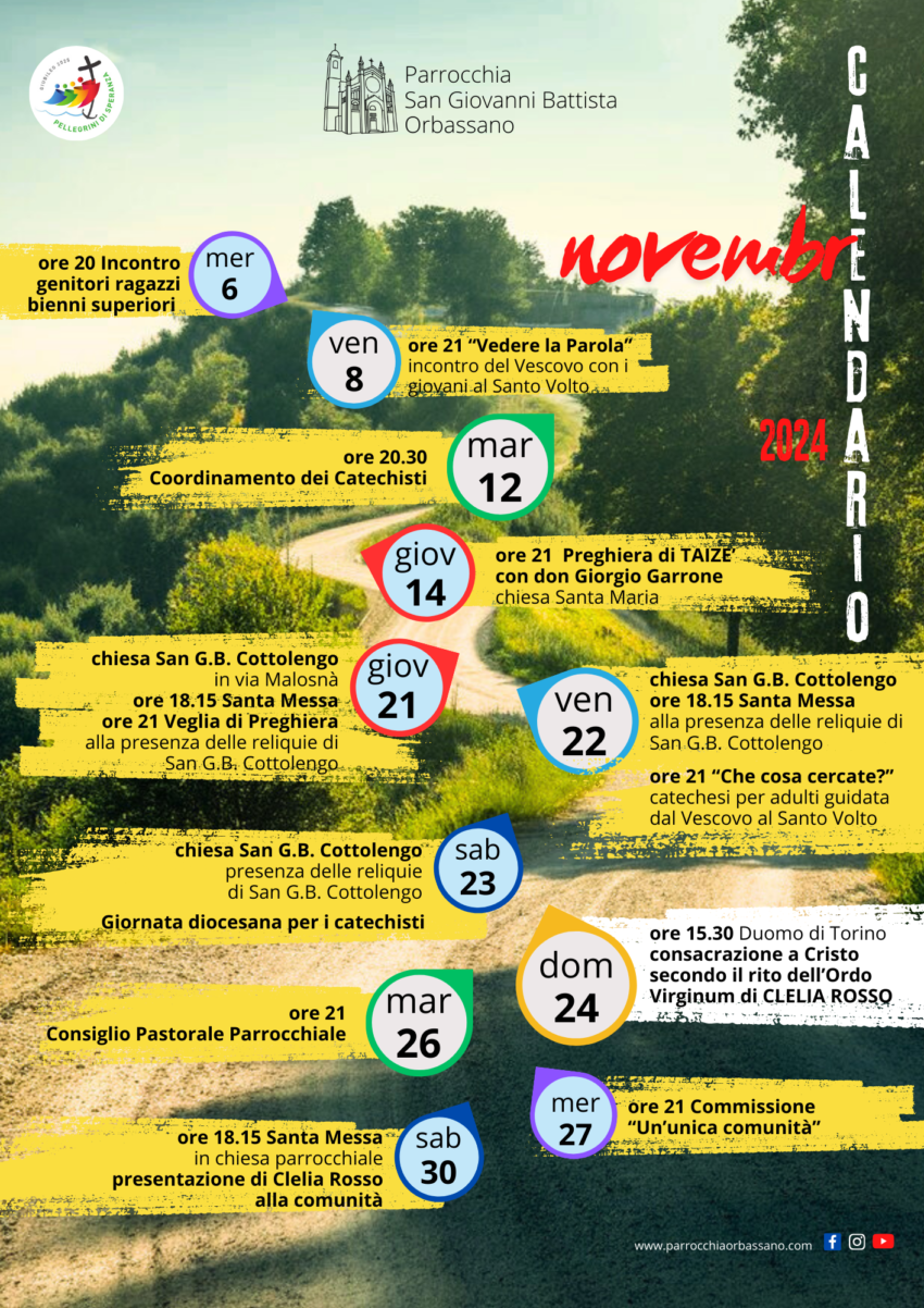 Calendario Novembre 2024 Parrocchia San Giovanni Battista Orbassano